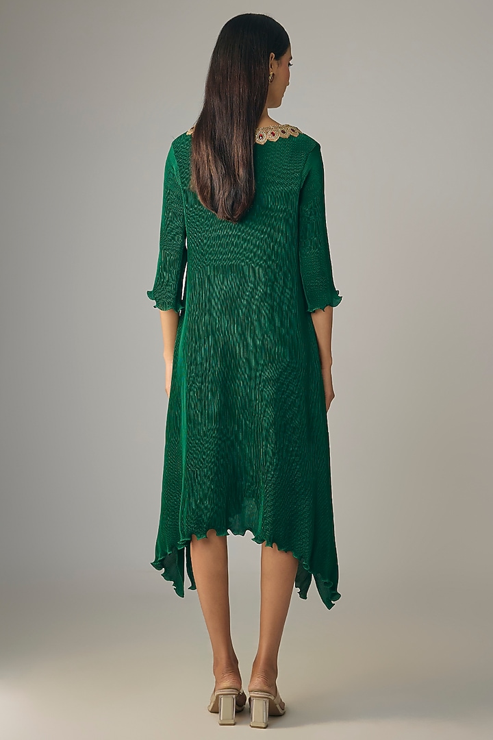 Emerald Green Pleated Polyester Mini Kaftan Cocktail Dress by Kiran Uttam Ghosh at Pernia's Pop Up Shop