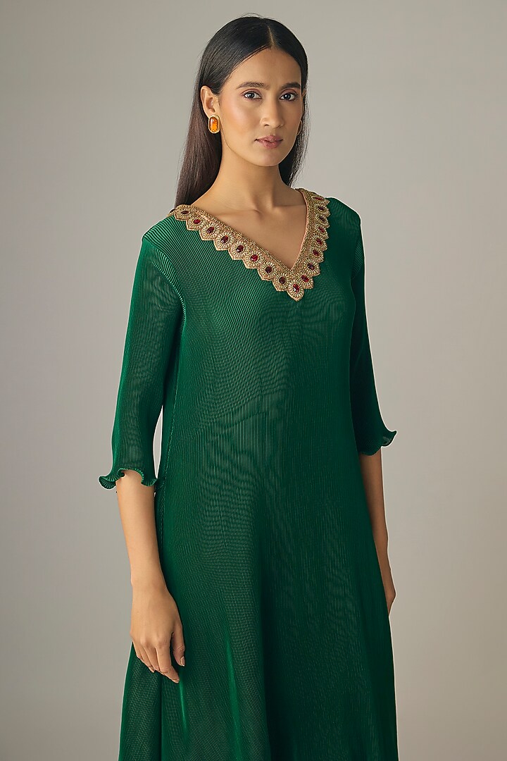 Emerald Green Pleated Polyester Mini Kaftan Cocktail Dress by Kiran Uttam Ghosh at Pernia's Pop Up Shop