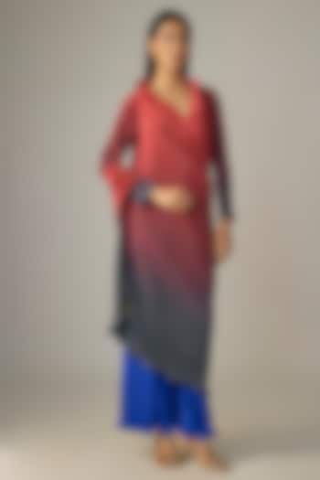 Red Ombre & Indigo Blue Pleated Polyester Co-Ord Set  by Kiran Uttam Ghosh at Pernia's Pop Up Shop