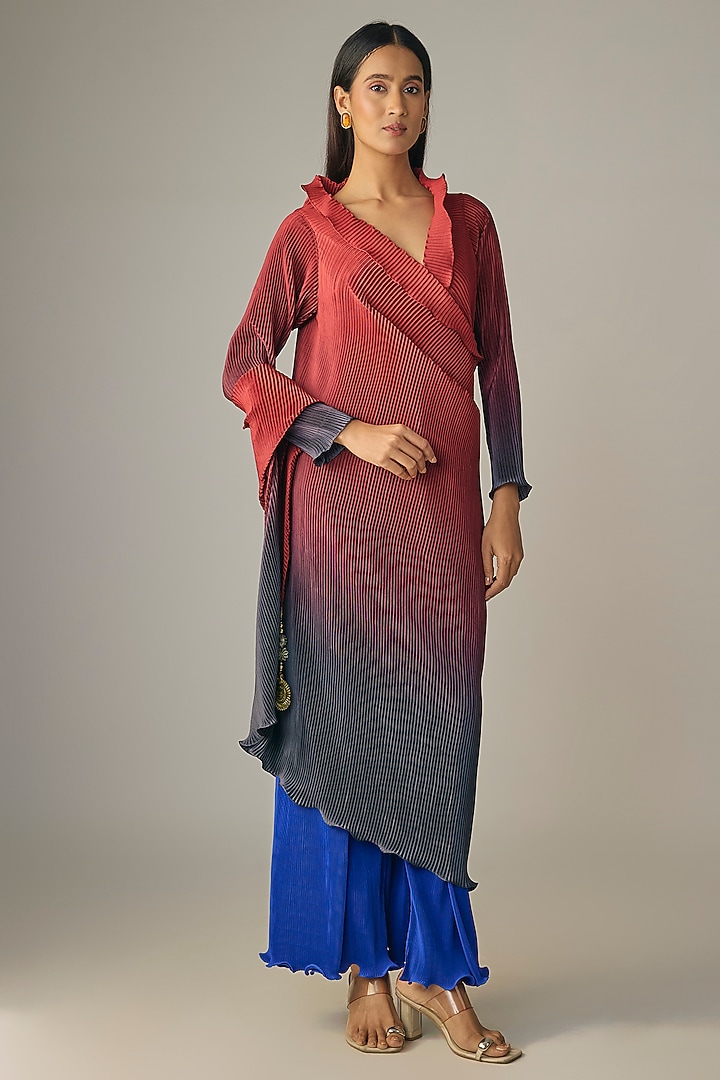 Red Ombre & Indigo Blue Pleated Polyester Co-Ord Set  by Kiran Uttam Ghosh at Pernia's Pop Up Shop
