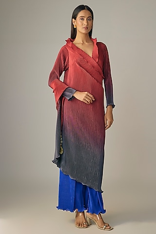 Red Ombre & Indigo Blue Pleated Polyester Co-Ord Set  by Kiran Uttam Ghosh