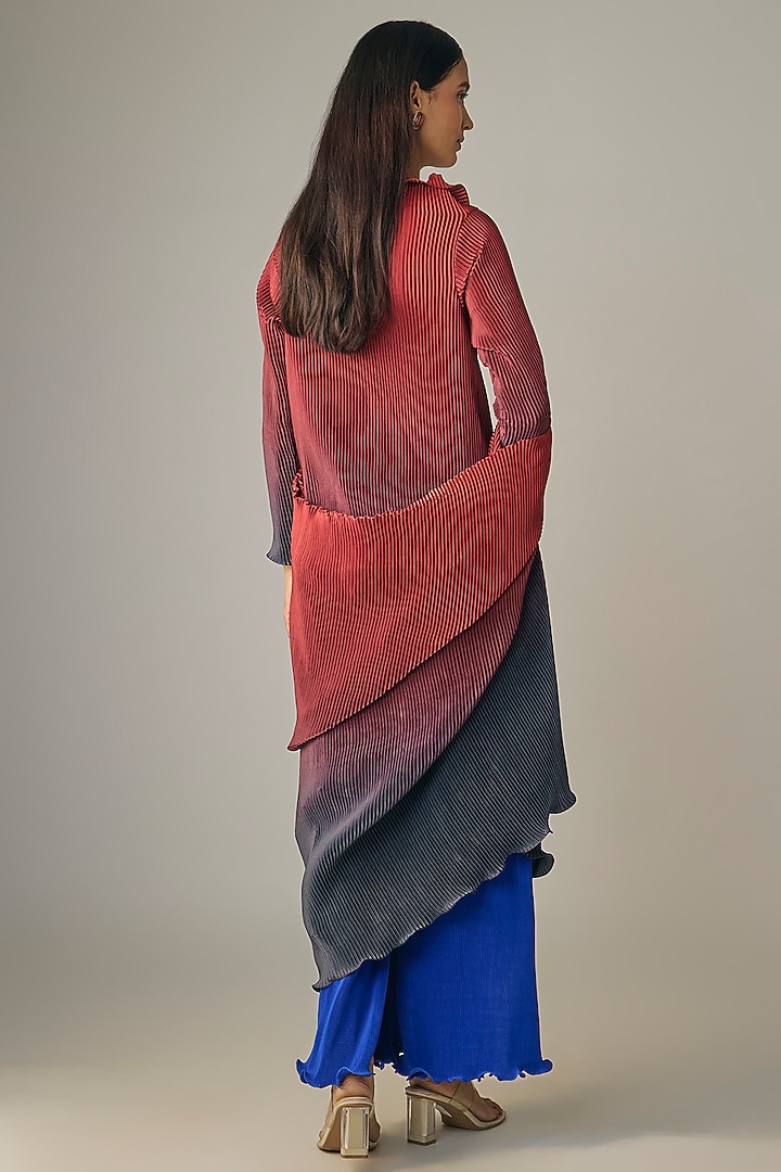 Red Ombre & Indigo Blue Pleated Polyester Co-Ord Set by Kiran Uttam Ghosh at Pernia's Pop Up Shop