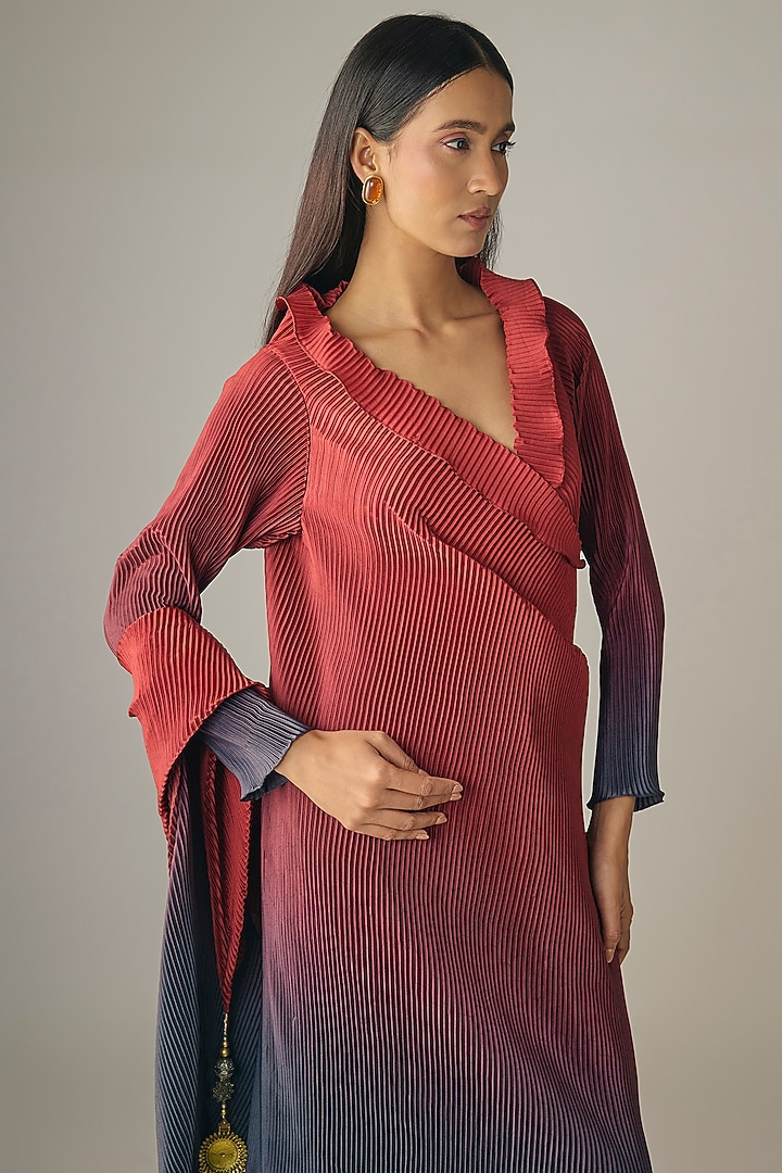 Red Ombre & Indigo Blue Pleated Polyester Co-Ord Set by Kiran Uttam Ghosh at Pernia's Pop Up Shop