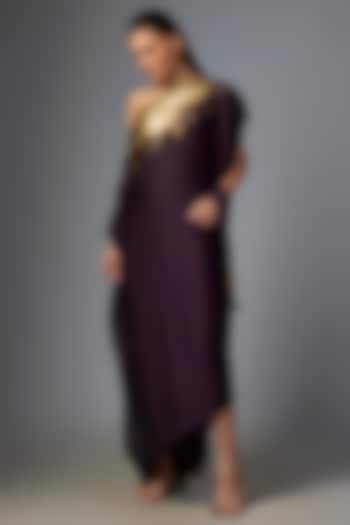 Blackberry Viscose Crepe Draped Foil Cocktail Dress by Kiran Uttam Ghosh at Pernia's Pop Up Shop