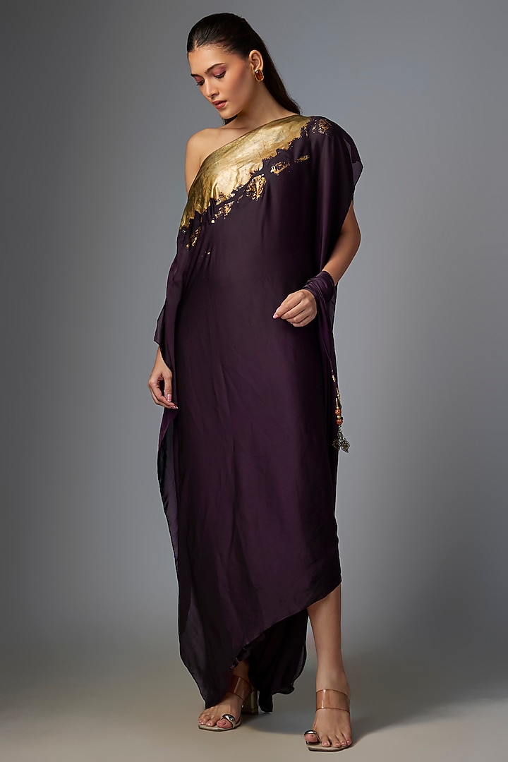 Blackberry Viscose Crepe Draped Foil Cocktail Dress by Kiran Uttam Ghosh at Pernia's Pop Up Shop