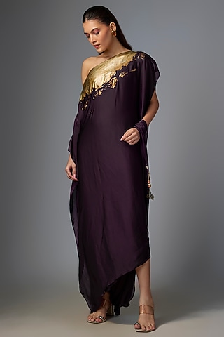 Blackberry Viscose Crepe Draped Foil Dress by Kiran Uttam Ghosh