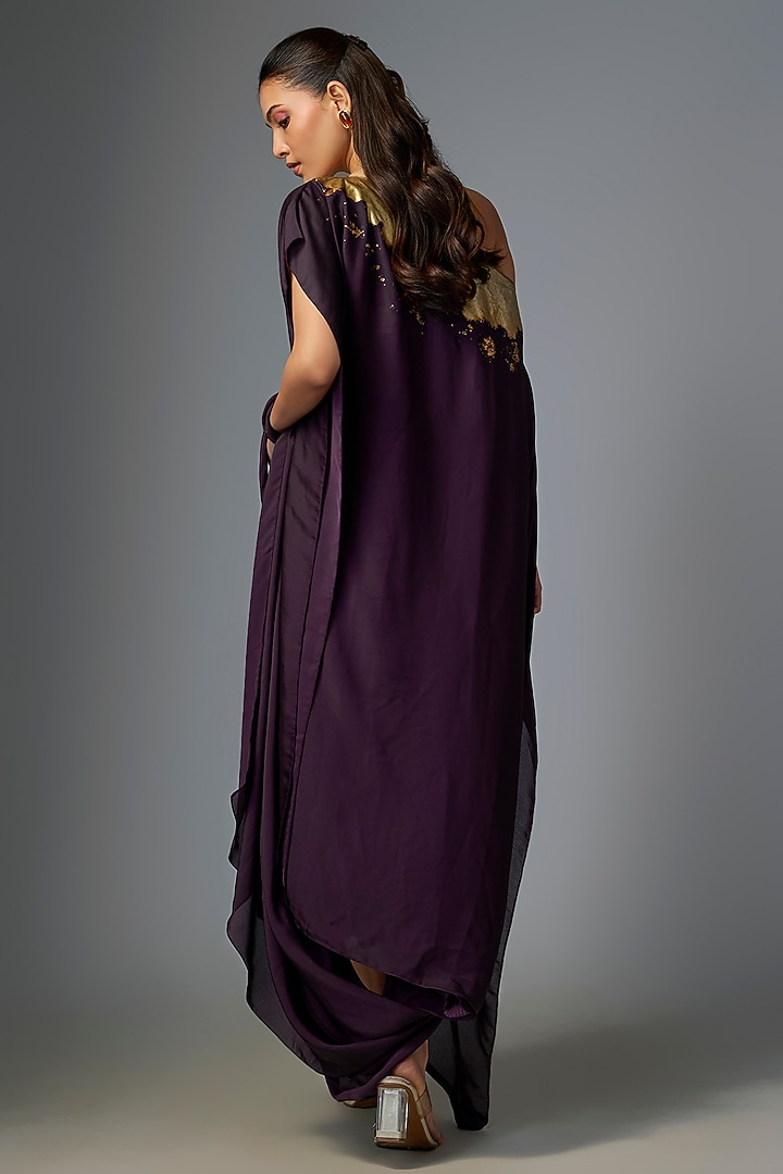 Blackberry Viscose Crepe Draped Foil Cocktail Dress by Kiran Uttam Ghosh at Pernia's Pop Up Shop