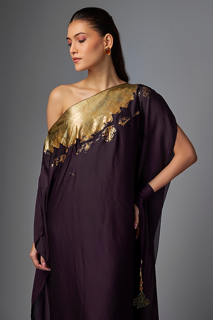 Blackberry Viscose Crepe Draped Foil Cocktail Dress by Kiran Uttam Ghosh at Pernia's Pop Up Shop