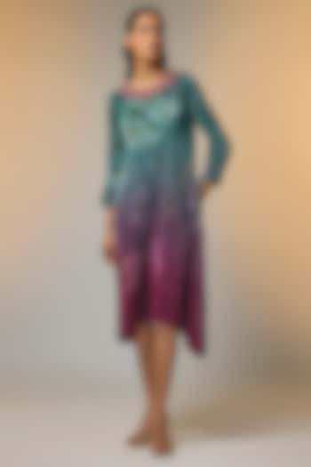 Teal-Merlot Pleated Polyester Printed & Embroidered Kaftan by Kiran Uttam Ghosh at Pernia's Pop Up Shop