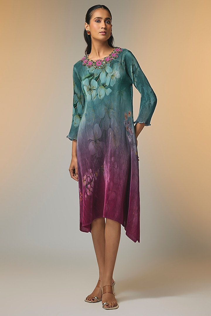 Teal-Merlot Pleated Polyester Printed & Embroidered Kaftan by Kiran Uttam Ghosh at Pernia's Pop Up Shop