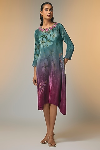 Teal-Merlot Pleated Polyester Printed & Embroidered Kaftan by Kiran Uttam Ghosh