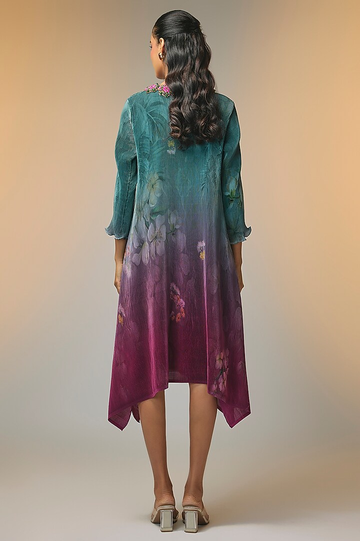 Teal-Merlot Pleated Polyester Printed & Embroidered Kaftan by Kiran Uttam Ghosh at Pernia's Pop Up Shop
