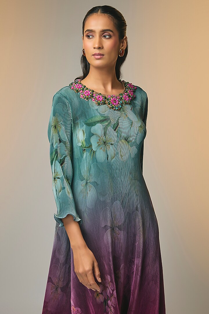 Teal-Merlot Pleated Polyester Printed & Embroidered Kaftan by Kiran Uttam Ghosh at Pernia's Pop Up Shop