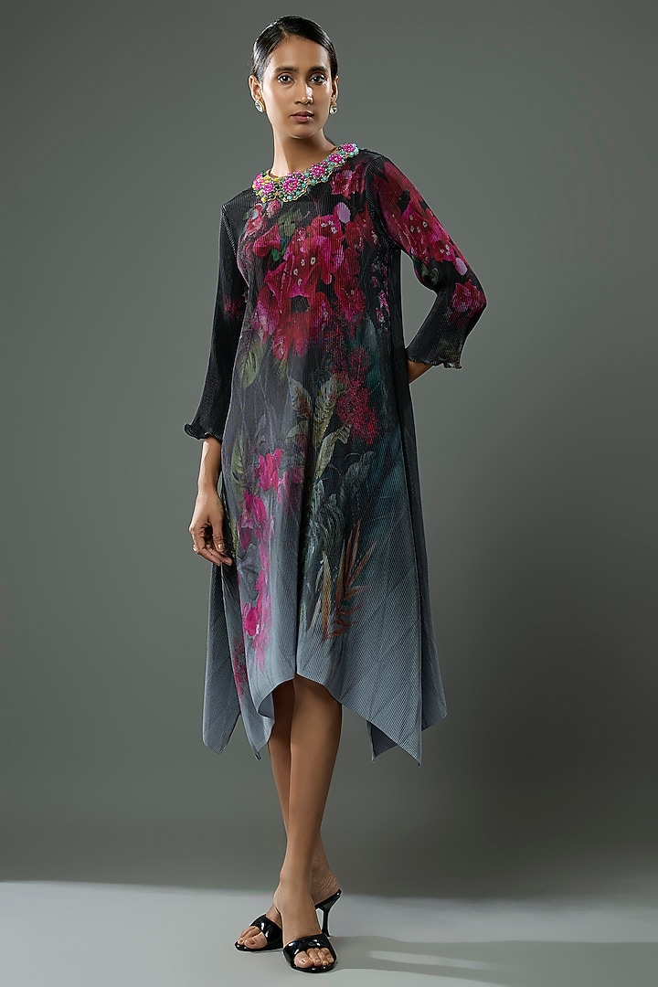 Black & Grey Pleated Polyester Printed & Bead Embroidered Kaftan by Kiran Uttam Ghosh at Pernia's Pop Up Shop