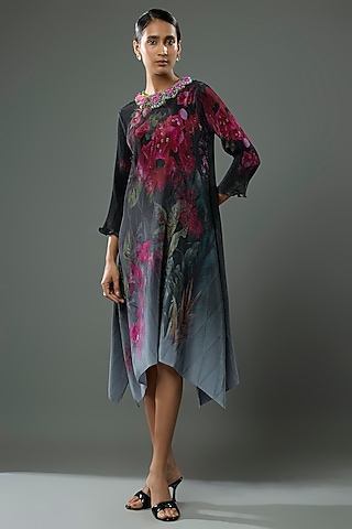 Black & Grey Pleated Polyester Printed & Bead Embroidered Kaftan by Kiran Uttam Ghosh