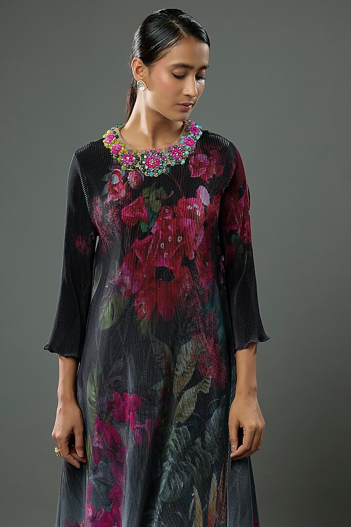 Black & Grey Pleated Polyester Printed & Bead Embroidered Kaftan by Kiran Uttam Ghosh at Pernia's Pop Up Shop
