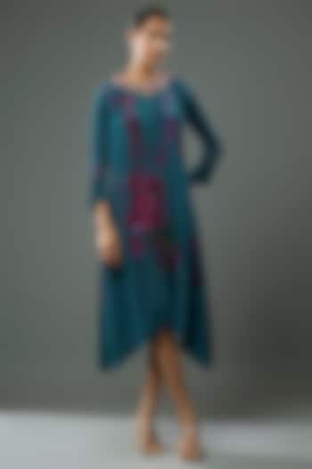 Navy Blue Pleated Polyester Printed & Bead Embroidered Kaftan by Kiran Uttam Ghosh at Pernia's Pop Up Shop