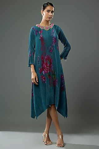 Navy Blue Pleated Polyester Printed & Bead Embroidered Kaftan by Kiran Uttam Ghosh