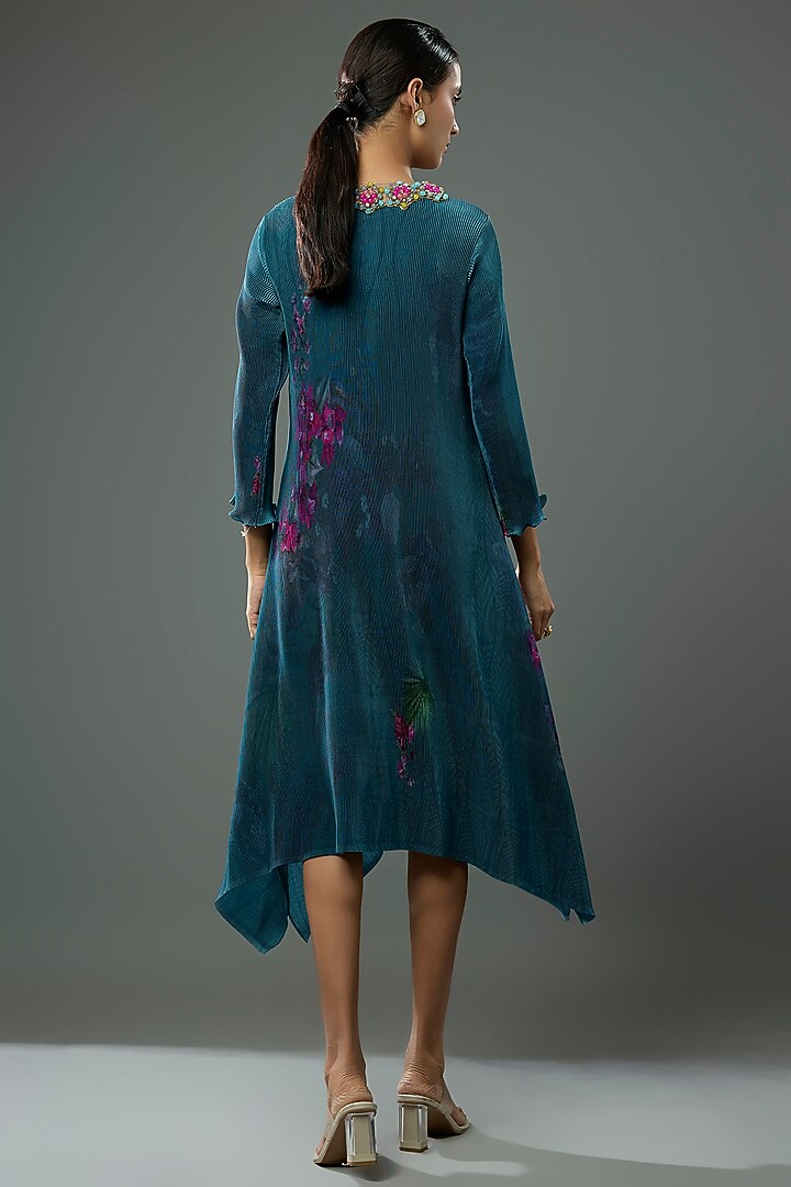 Navy Blue Pleated Polyester Printed & Bead Embroidered Kaftan by Kiran Uttam Ghosh at Pernia's Pop Up Shop