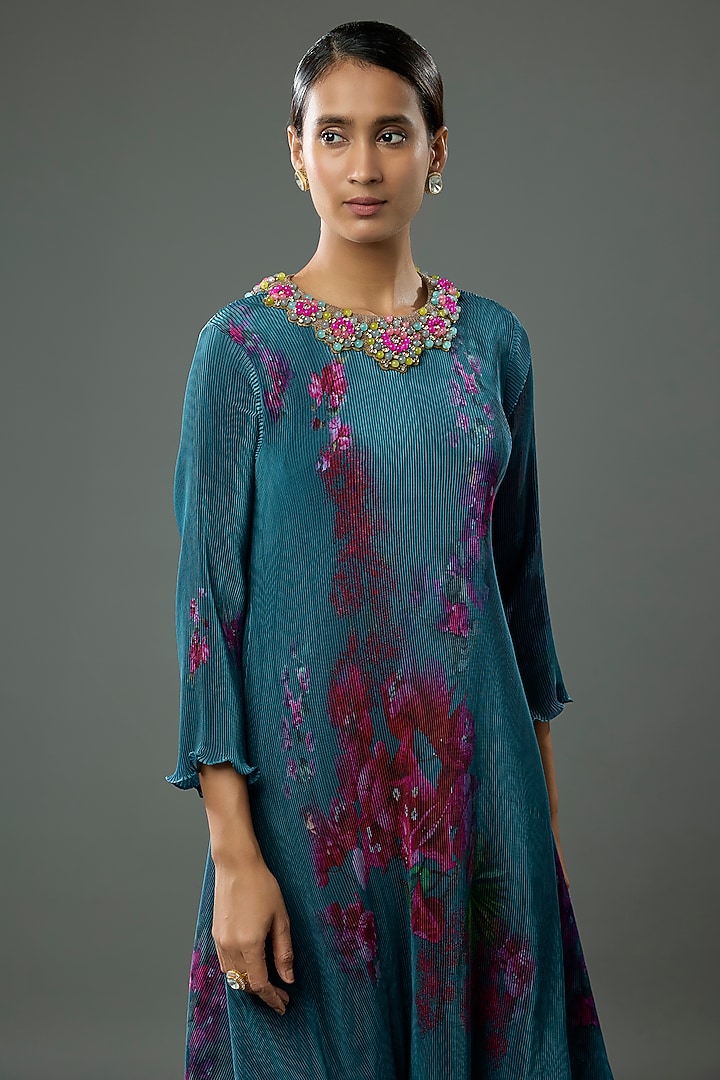 Navy Blue Pleated Polyester Printed & Bead Embroidered Kaftan by Kiran Uttam Ghosh at Pernia's Pop Up Shop