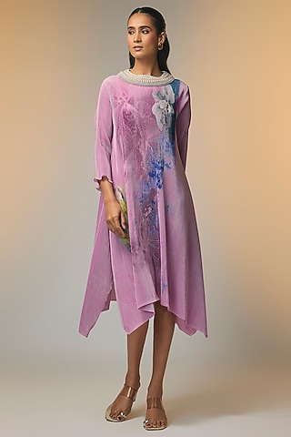 Blush Pink Pleated Polyester Printed & Embroidered Kaftan by Kiran Uttam Ghosh