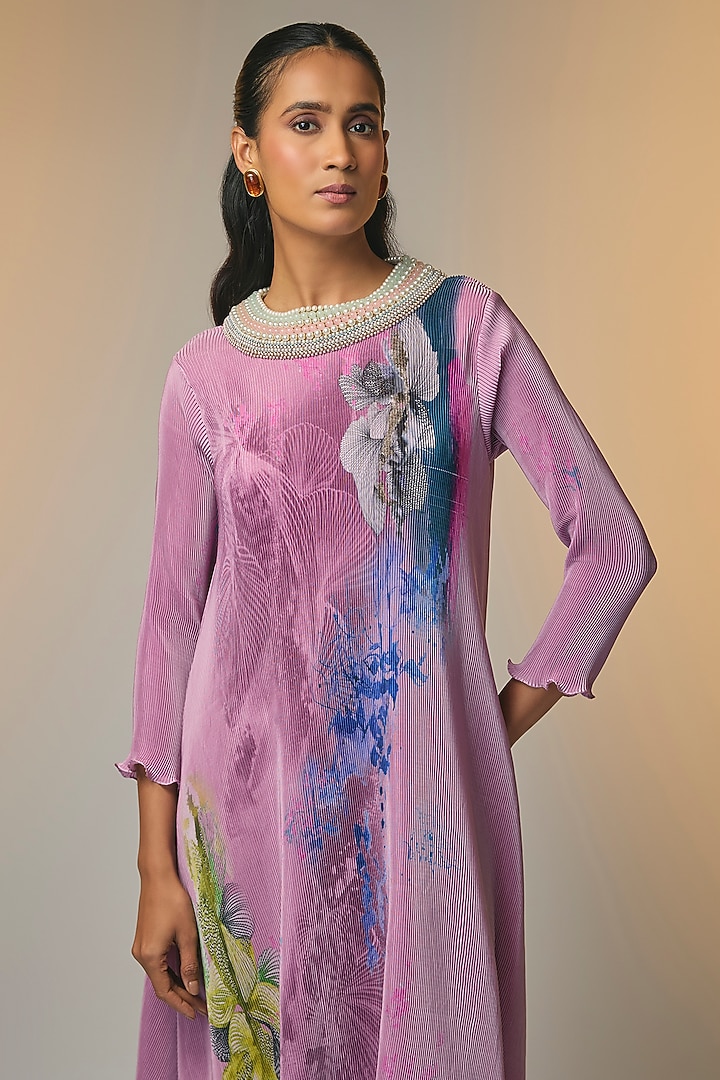 Blush Pink Pleated Polyester Printed & Embroidered Kaftan by Kiran Uttam Ghosh at Pernia's Pop Up Shop