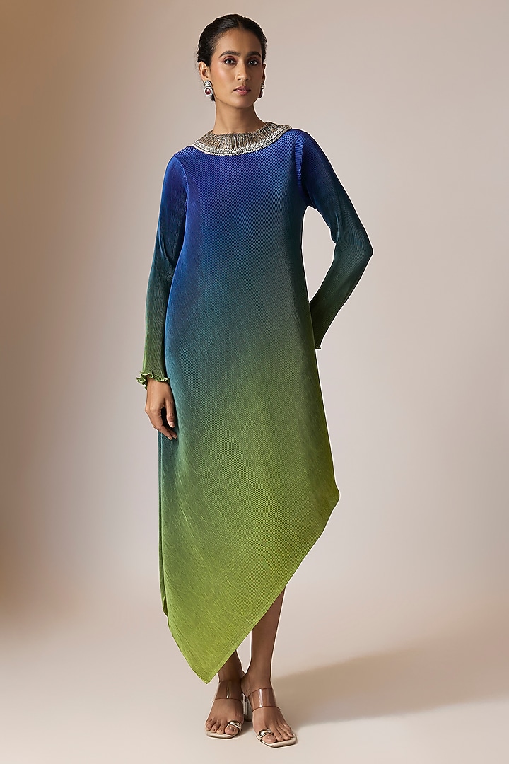 Indigo & Lime Pleated Polyester Viscose Draped Ombre Kaftan by Kiran Uttam Ghosh at Pernia's Pop Up Shop