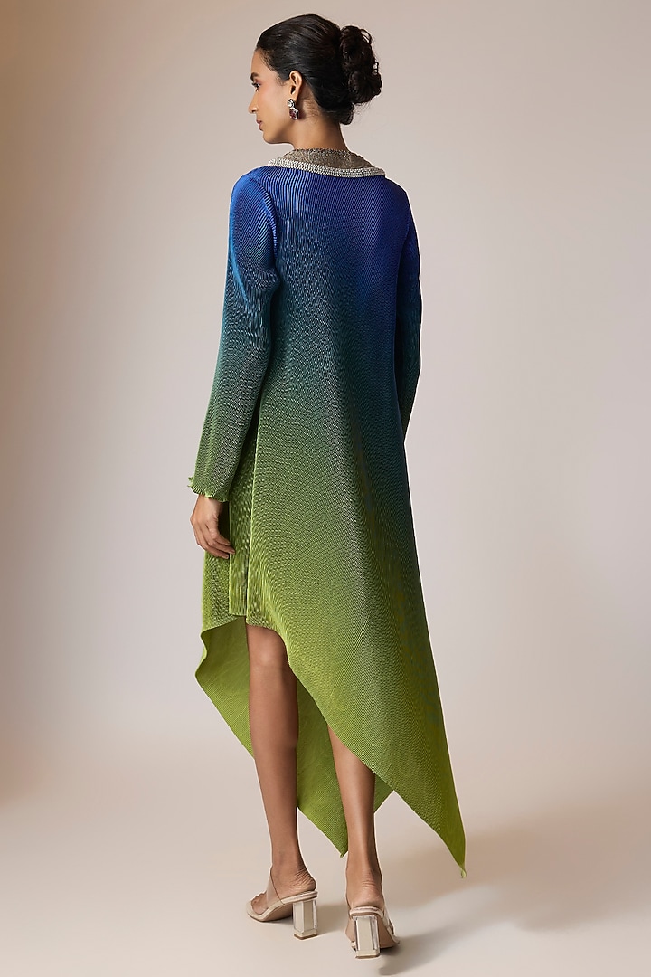 Indigo & Lime Pleated Polyester Viscose Draped Ombre Kaftan by Kiran Uttam Ghosh at Pernia's Pop Up Shop