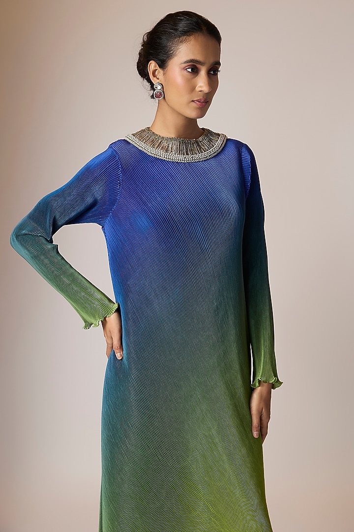 Indigo & Lime Pleated Polyester Viscose Draped Ombre Kaftan by Kiran Uttam Ghosh at Pernia's Pop Up Shop