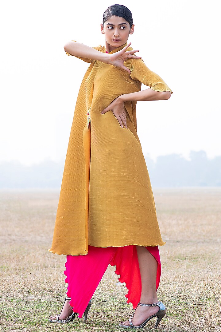 Mustard Pleated Angarkha Jacket by Kiran Uttam Ghosh at Pernia's Pop Up Shop