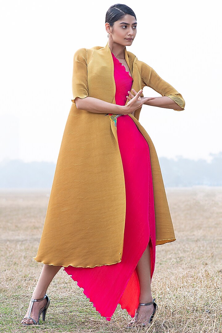 Mustard Pleated Angarkha Jacket by Kiran Uttam Ghosh at Pernia's Pop Up Shop