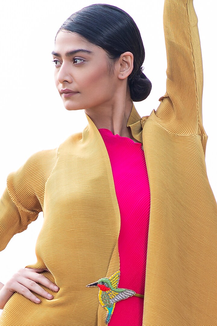 Mustard Pleated Angarkha Jacket by Kiran Uttam Ghosh at Pernia's Pop Up Shop