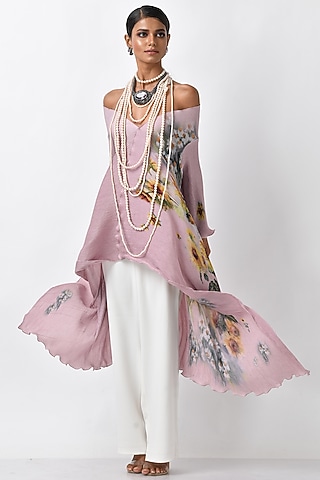 Lavender Pink Pleated Polyester Printed Wrap by Kiran Uttam Ghosh