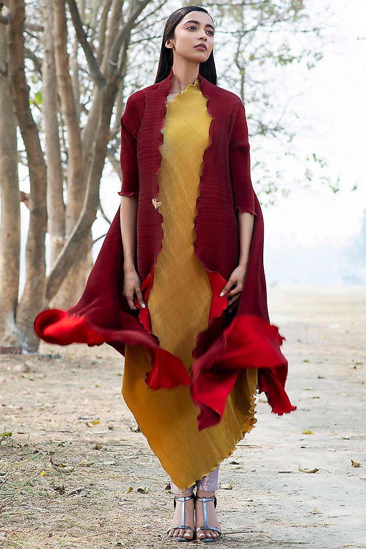 Brick Red Pleated Angarakha Jacket by Kiran Uttam Ghosh