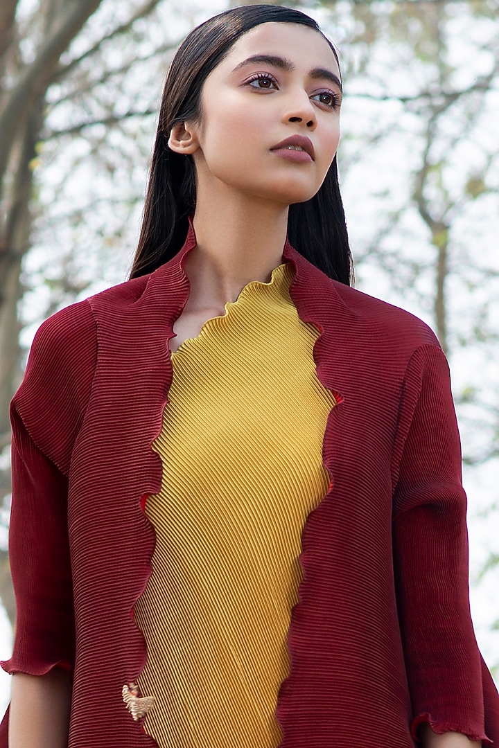 Brick Red Pleated Angarakha Jacket by Kiran Uttam Ghosh at Pernia's Pop Up Shop