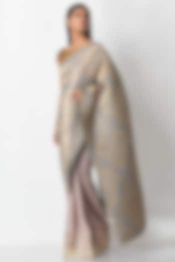 Silver Pleated Polyester Printed & Hand Embroidered Wedding Saree Set by Kiran Uttam Ghosh at Pernia's Pop Up Shop