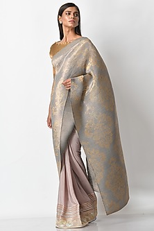 Silver Pleated Polyester Printed & Hand Embroidered Saree Set by Kiran Uttam Ghosh-TRADITIONAL SIX YARDS