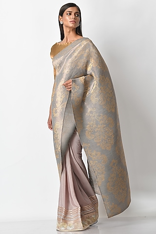 Silver Pleated Polyester Printed & Hand Embroidered Saree Set by Kiran Uttam Ghosh