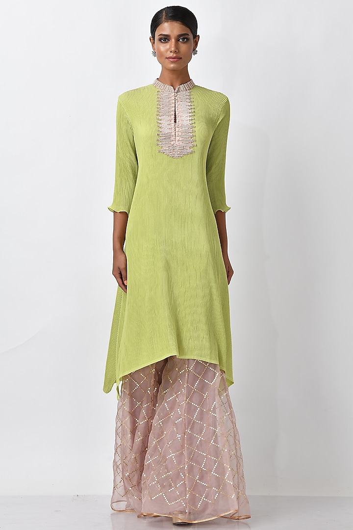 Lime Embroidered Kaftan by Kiran Uttam Ghosh at Pernia's Pop Up Shop