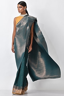 Emerald Green Pleated Polyester Metallic Saree Set by Kiran Uttam Ghosh-METALLICS
