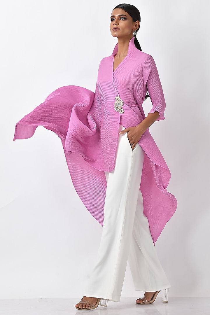 Bright Lavender Pink Embroidered Top by Kiran Uttam Ghosh