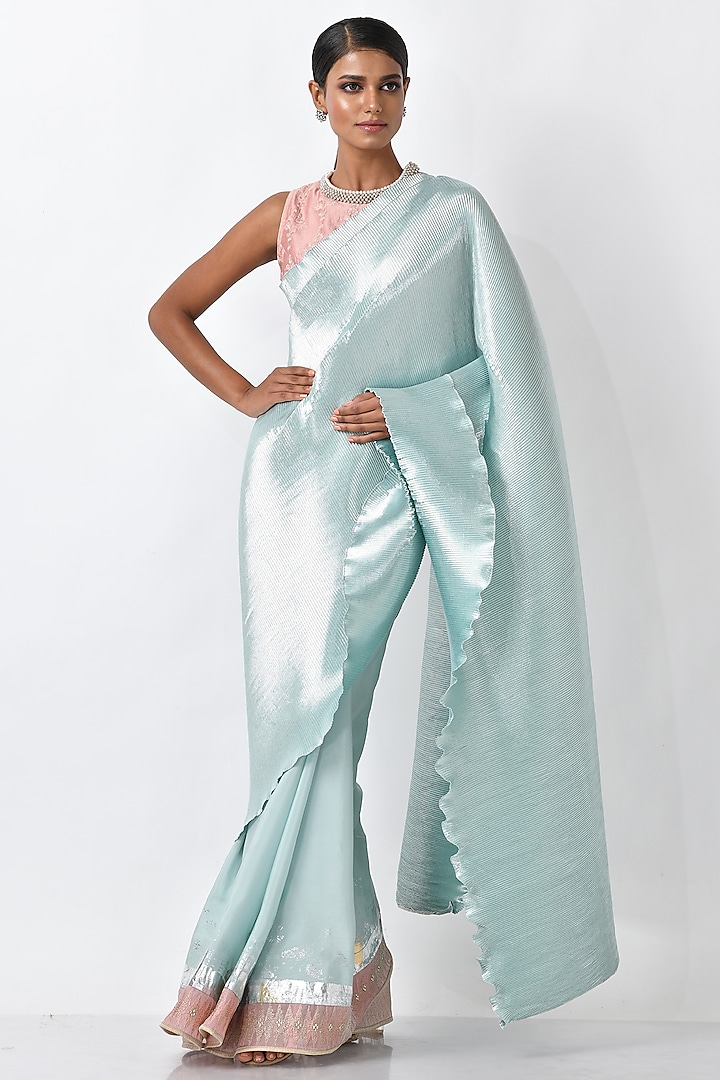 Soft Aquamarine Pleated Polyester Metallic Saree Set by Kiran Uttam Ghosh