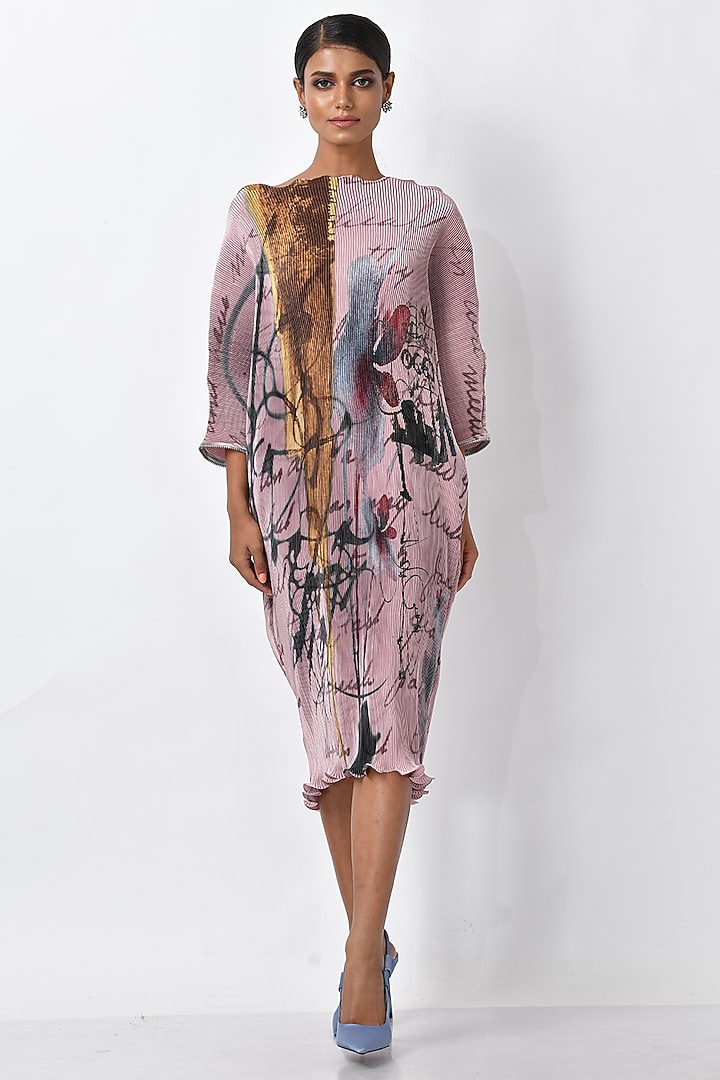 Onion Pink Pleated Polyester Printed Midi Vacation Dress by Kiran Uttam Ghosh at Pernia's Pop Up Shop