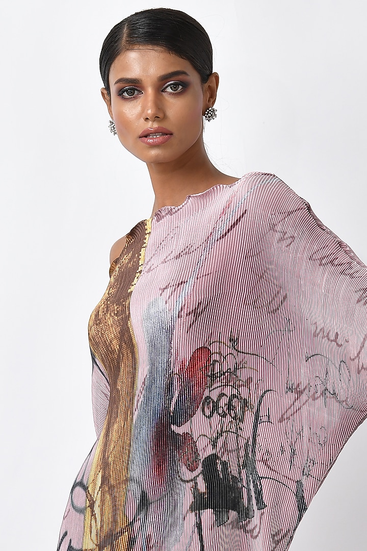 Onion Pink Pleated Polyester Printed Midi Vacation Dress by Kiran Uttam Ghosh at Pernia's Pop Up Shop