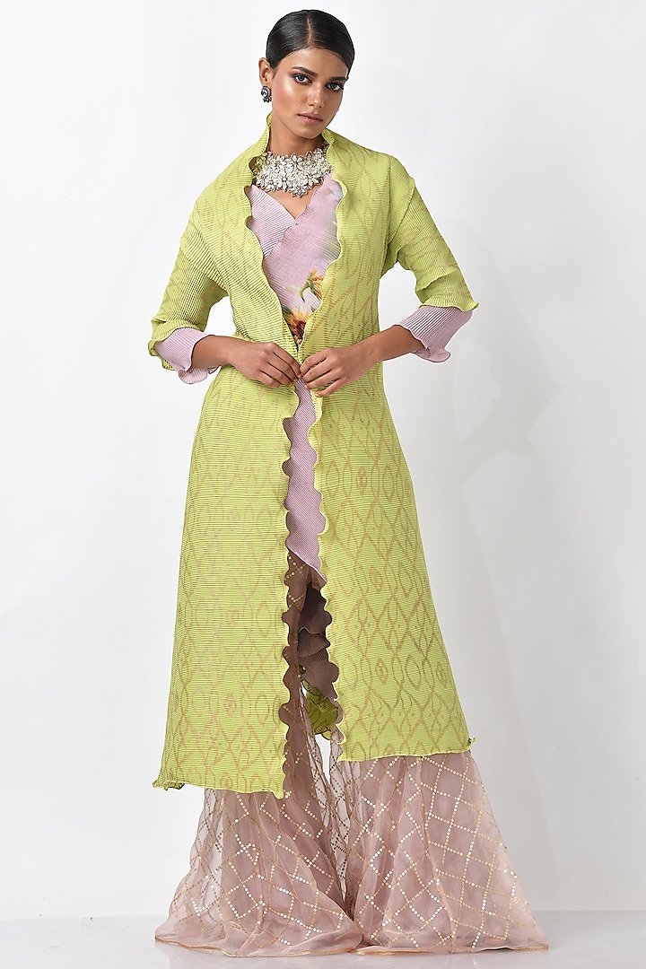 Fresh Lime Printed Angarkha Jacket by Kiran Uttam Ghosh