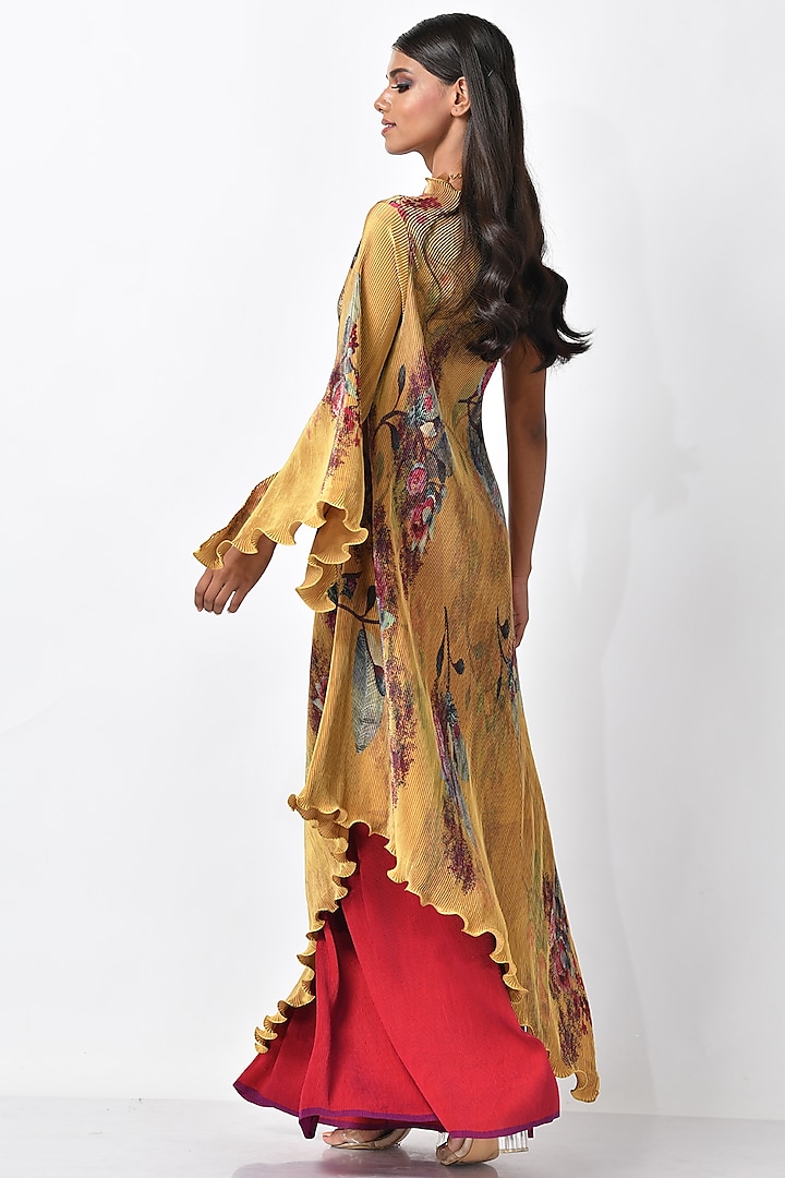 Mustard Pleated Polyester Printed Draped Vacation Dress by Kiran Uttam Ghosh at Pernia's Pop Up Shop