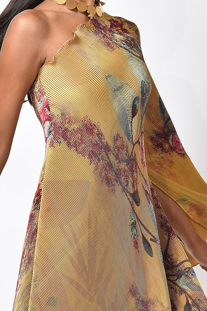 Mustard Pleated Polyester Printed Draped Vacation Dress by Kiran Uttam Ghosh at Pernia's Pop Up Shop