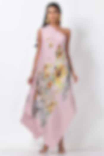 Lavender Pink Printed One Shoulder Dress by Kiran Uttam Ghosh