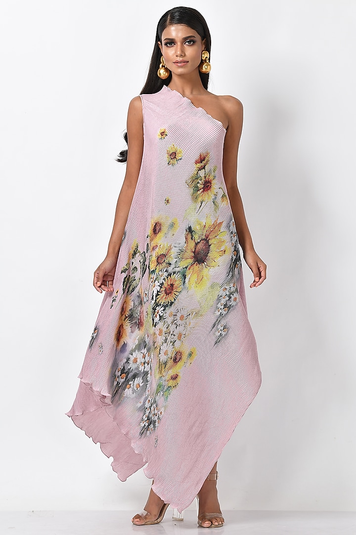 Lavender Pink Printed One Shoulder Dress by Kiran Uttam Ghosh