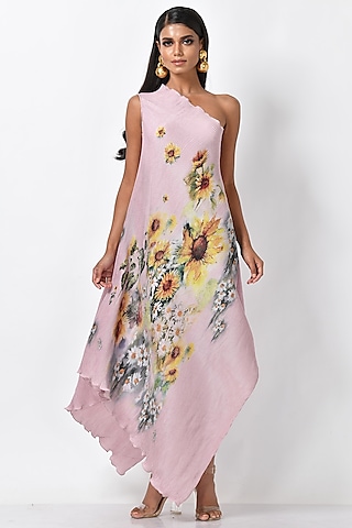 Lavender-Pink Pleated Polyester Printed One-Shoulder Dress by Kiran Uttam Ghosh